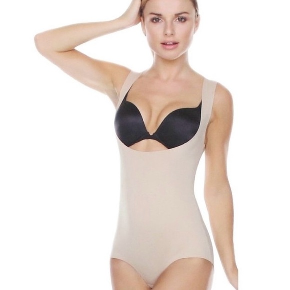 strm line Other - STRM Line Shape Open Bust Laser Cut Ruched Bottom Bodysuit Women’s L in Nude